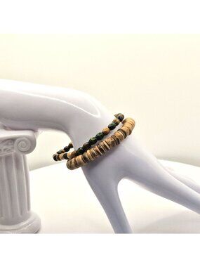 Natural Wood & Green Beaded Stretch Bracelet Set